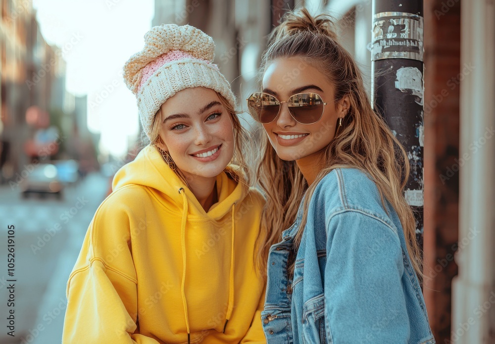 Two smiling women in casual attire enjoying a sunny day outdoors, one wearing a yellow hoodie and the other in a denim jacket, both radiating youthful joy and friendship Two smiling women in casual attire enjoying a sunny day outdoors, one wearing a yellow hoodie and the other in a denim jacket, both radiating youthful joy and friendship