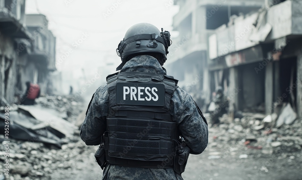 A journalist in a war zone wearing a press vest.