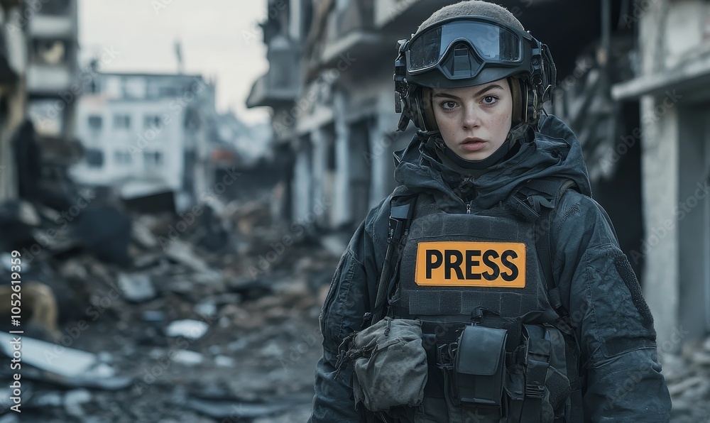 A woman journalist in warzone wearing a PRESS vest. A woman journalist in warzone wearing a PRESS vest.