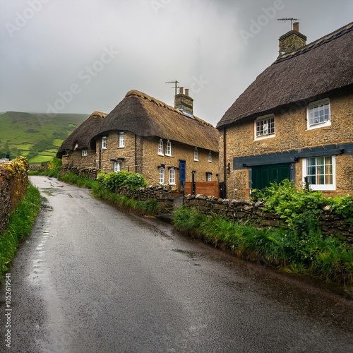 street in a traditional village on the hills in the UK, AI gener photo