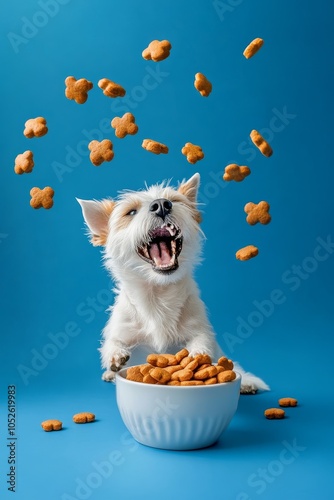 Cute dog catching jumping dog food from bowl