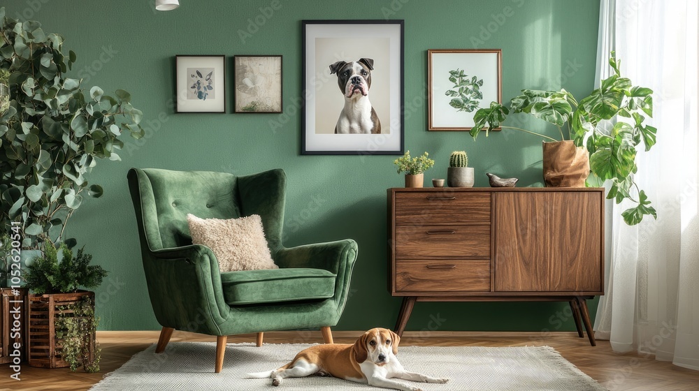 Fototapeta premium Elegant living room interior design with mockup poster frame, modern frott?(C) armchair, wooden commode, beautiful dog lying on the carpet and stylish accessories. Eucalyptus wall. Template