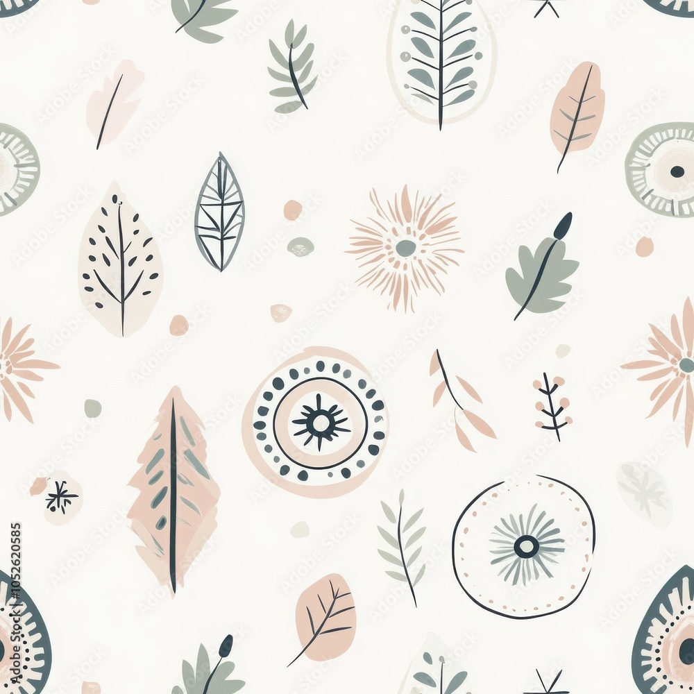 Fototapeta premium A delicate, pastel-patterned design featuring leaves, floral elements, and geometric shapes on a light background, creating a fresh, natural aesthetic.