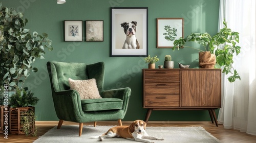 Elegant living room interior design with mockup poster frame, modern frott?(C) armchair, wooden commode, beautiful dog lying on the carpet and stylish accessories. Eucalyptus wall. Template