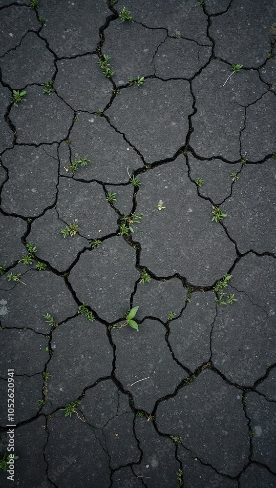 Obraz premium Cracked asphalt road with weeds urban grit