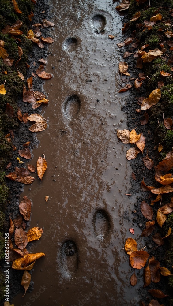Tranquil forest path with wet mud footprints and autumn leaves
