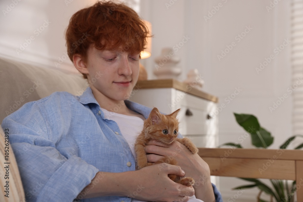 Redhead teenage boy with cute ginger kitten on sofa indoors Redhead teenage boy with cute ginger kitten on sofa indoors