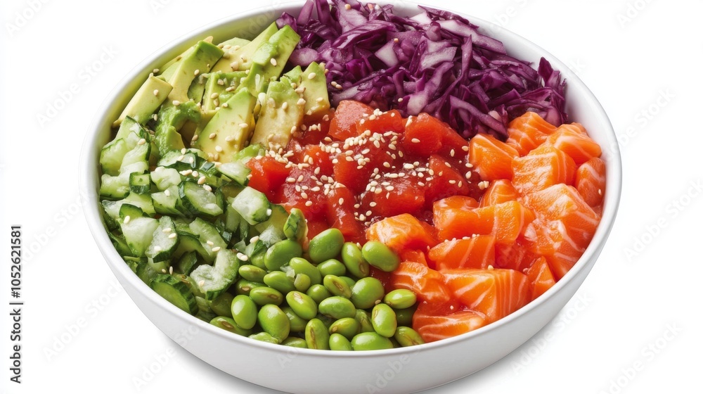 Fresh Salmon Bowl with Colorful Vegetables and Toppings Fresh Salmon Bowl with Colorful Vegetables and Toppings