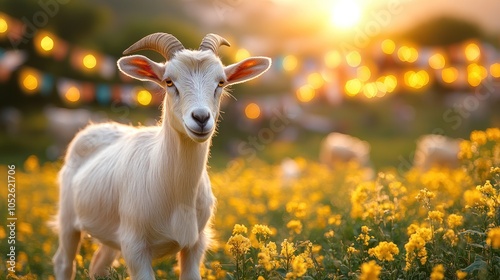 White Goat Standing in a Field of Yellow Flowers at Sunset