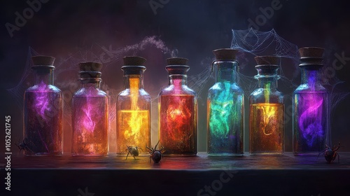 Potion bottles glowing with eerie colors, spider webs, gothic alchemist's table, Victorian horror illustration, isolated subjects --ar 16:9 --v 6.1 Job ID: 9109645a-108f-46c3-aef6-71ac0252eab0