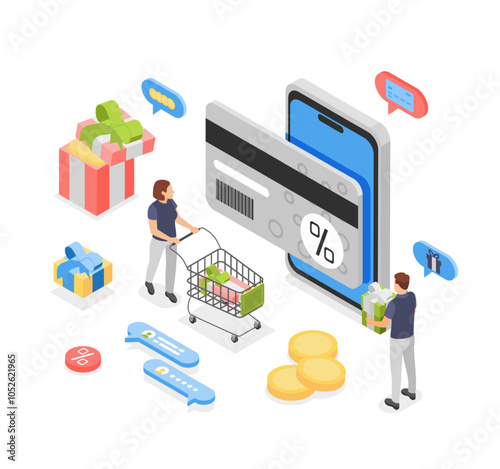 Isometric clients loyalty program. Gifts and discounts for regular customers, sale gift voucher. App with discount, people buy presents, flawless vector scene
