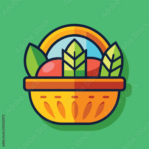 A basket of fruit and leaves on a green background.