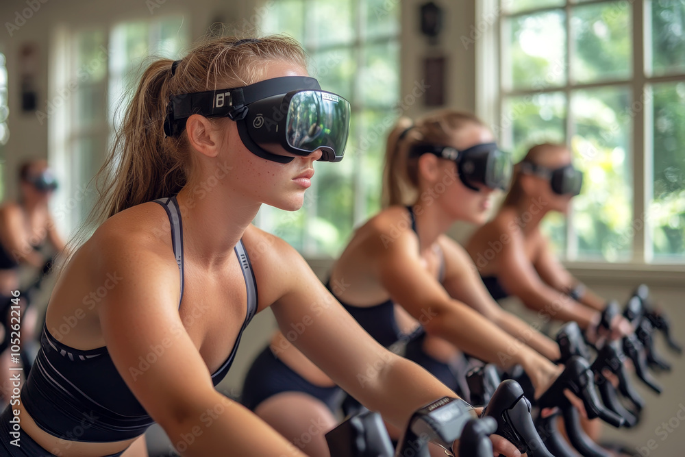 Woman Using Virtual Reality for Interactive Cycling Workout