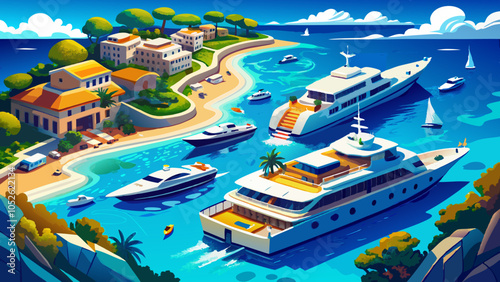 Croatia. Yachts at the sea surface. Aerial view of luxury floating boat on blue Adriatic sea at sunny day. Travel - image