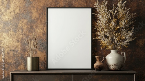 Mockup frame displayed on a cabinet within a living room interior against a blank vintage bronze wall backdrop photo