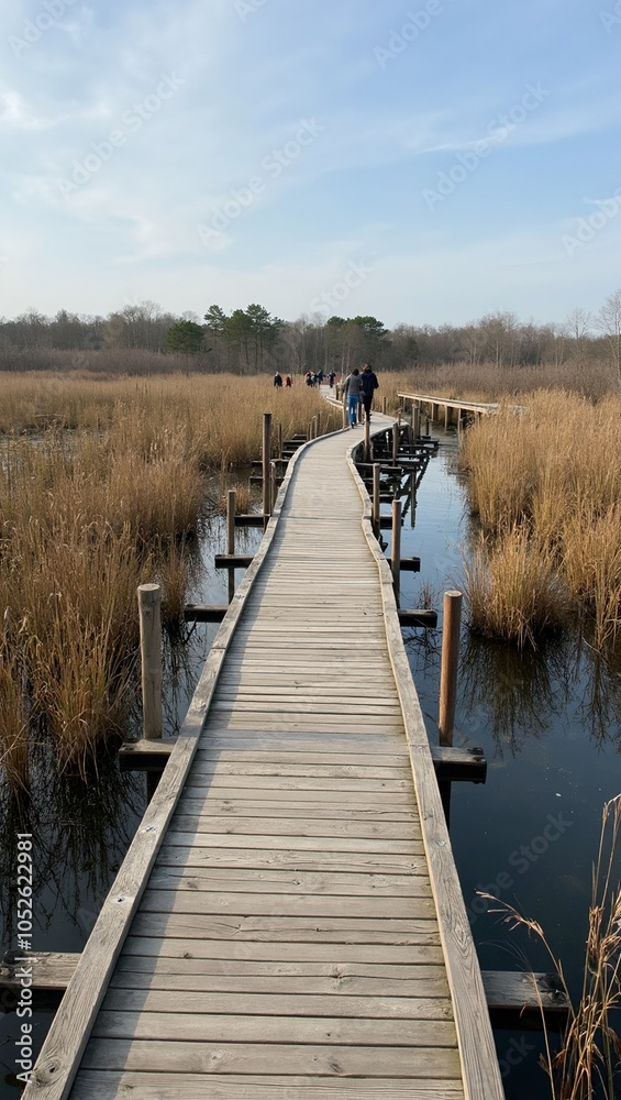 Tranquil boardwalk over marsh with birds and visitors Tranquil boardwalk over marsh with birds and visitors