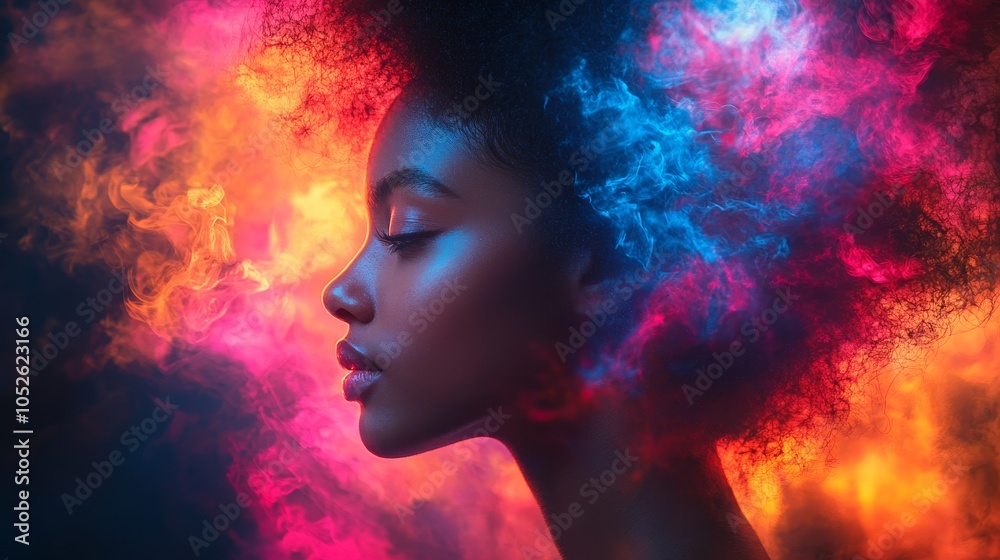 A creative double exposure silhouette of a person surrounded by vivid colors and ethereal clouds A creative double exposure silhouette of a person surrounded by vivid colors and ethereal clouds