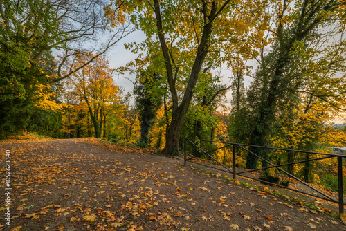 Castle park near Zlaty creek and waterfall in autumn evening in Opocno town