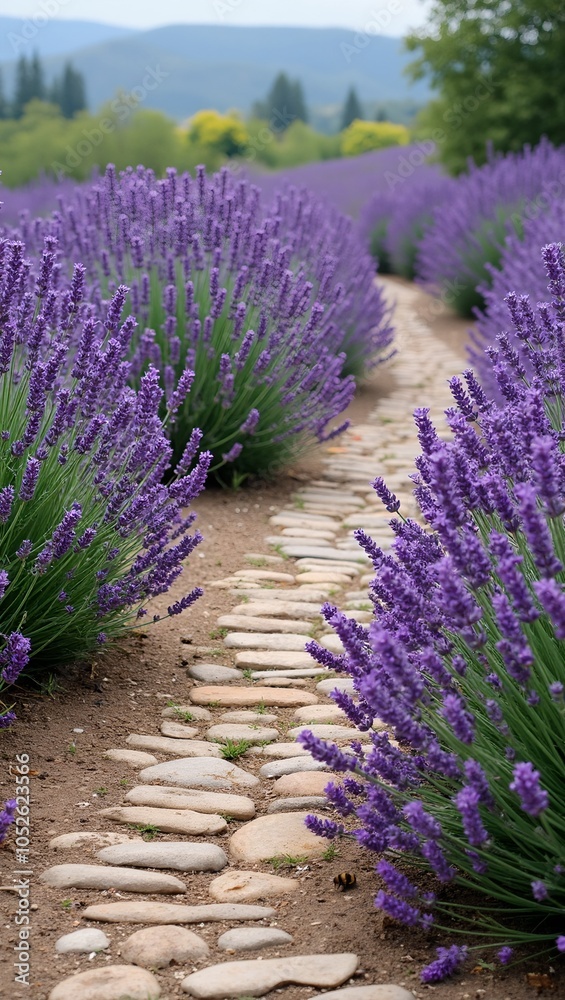 Fototapeta premium Tranquil pathway through lavender field with buzzing bees