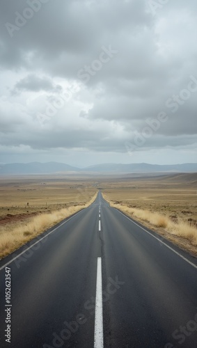 Endless road across open plain under cloudy sky