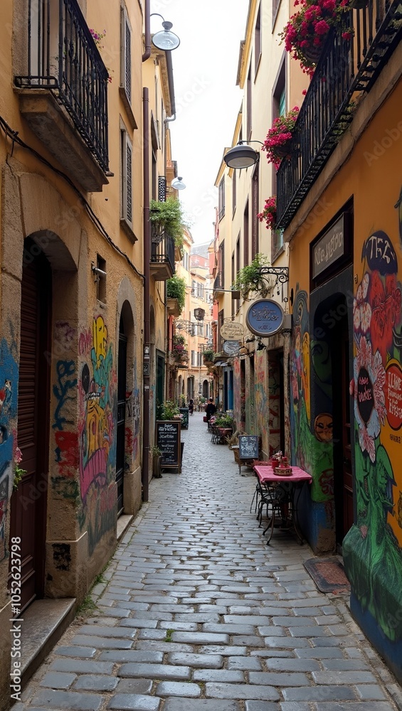Fototapeta premium Quaint alley with street art cafes and cobblestones