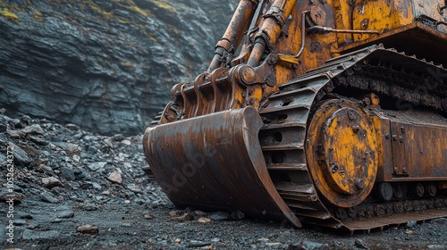 Close-up of a rusty bulldozer's blade in a quarry. photo