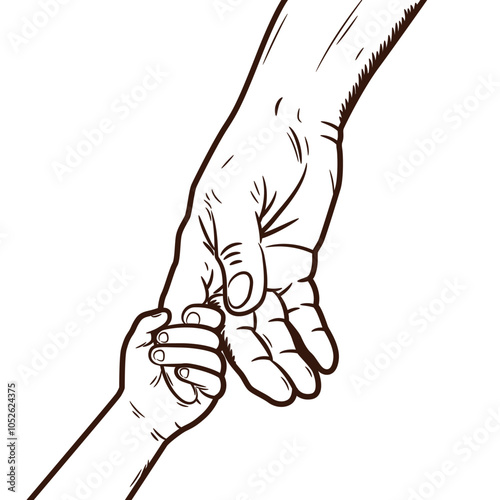 Illustration of an adult hand holding a child's hand.Isolated on white background.Illustration in ink hand drawn style.