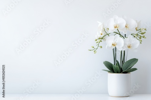 Elegant white orchids in a modern pot, adding a touch of nature to minimalist decor against a clean backdrop.