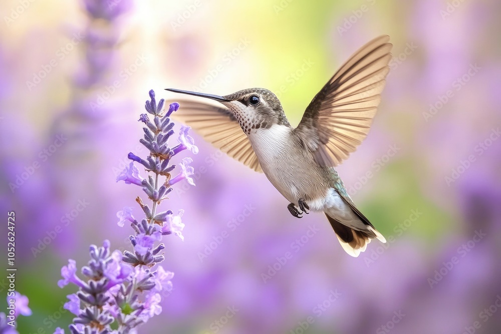 Graceful Hummingbird Hovering by a Vibrant Purple Blossom in Nature