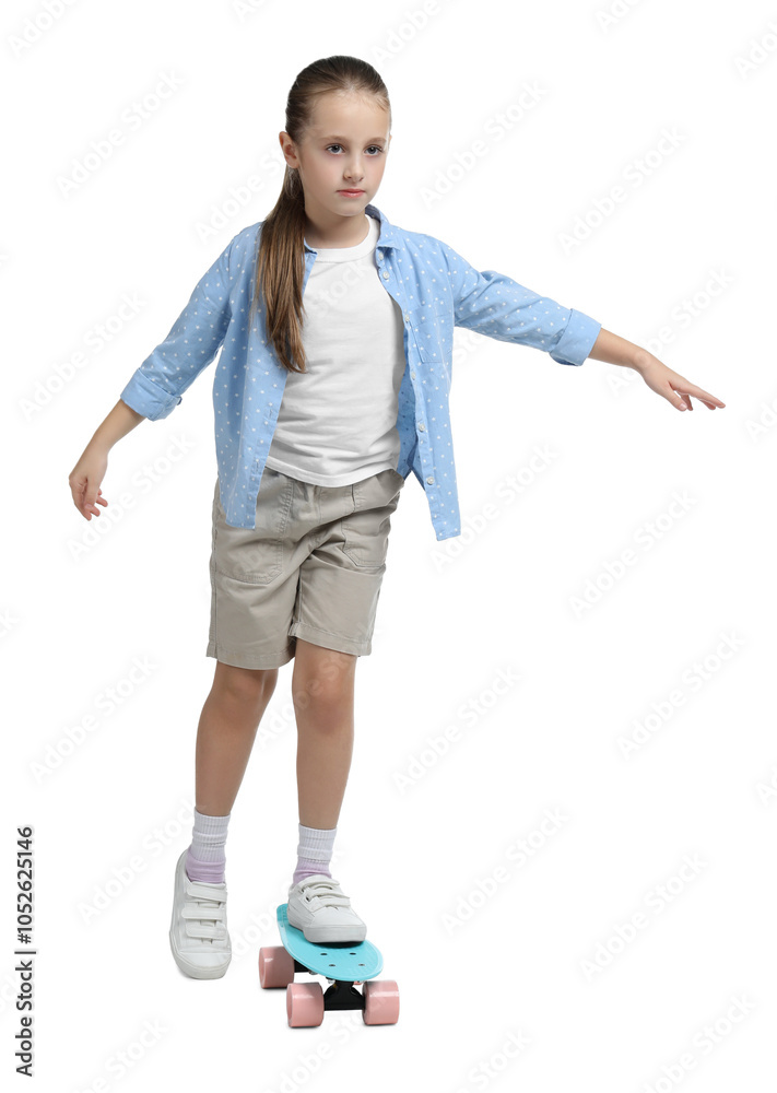 Little girl with penny board on white background Little girl with penny board on white background