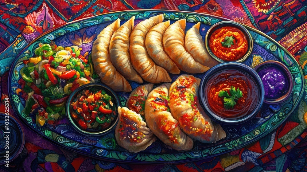 Colorful Platter of Delicious Dumplings and Sauces Colorful Platter of Delicious Dumplings and Sauces