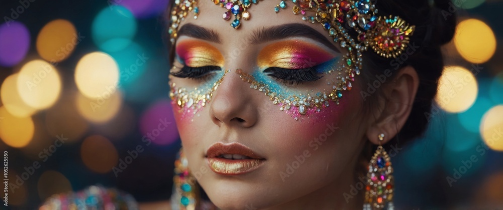 The face of a person with bright and colorful makeup including glitter, gems, and fake eyelashes. The face of a person with bright and colorful makeup including glitter, gems, and fake eyelashes.