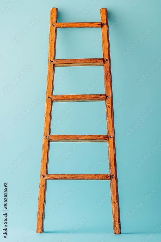 Wooden ladder standing against a blue wall in a simple interior setting Wooden ladder standing against a blue wall in a simple interior setting