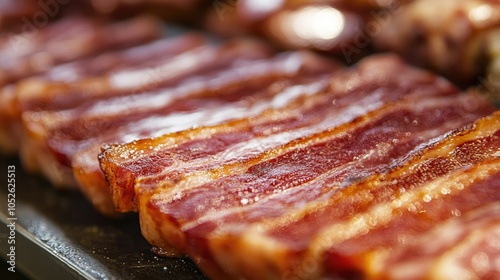 Smoked bacon displayed at a market close up of the red meat