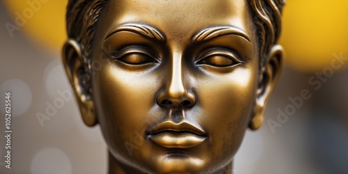 A tight shot of a statue's face reveals a yellow mark on the forehead.