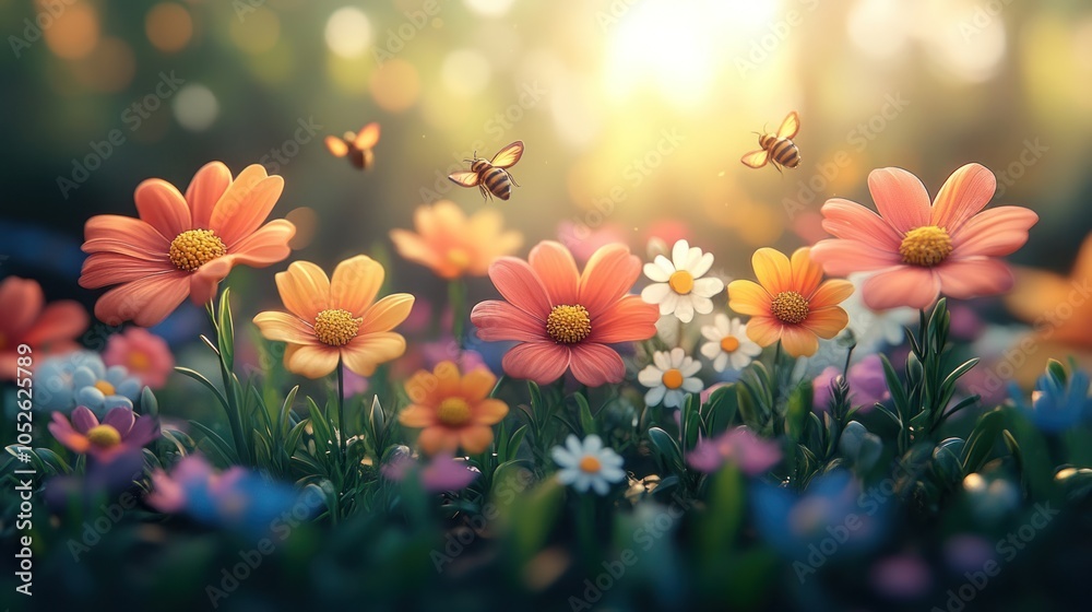 Sunlit Meadow with Vibrant Flowers and Busy Bees Sunlit Meadow with Vibrant Flowers and Busy Bees