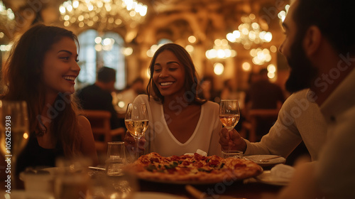 group of friends are dining at a table in a fancy restaurant