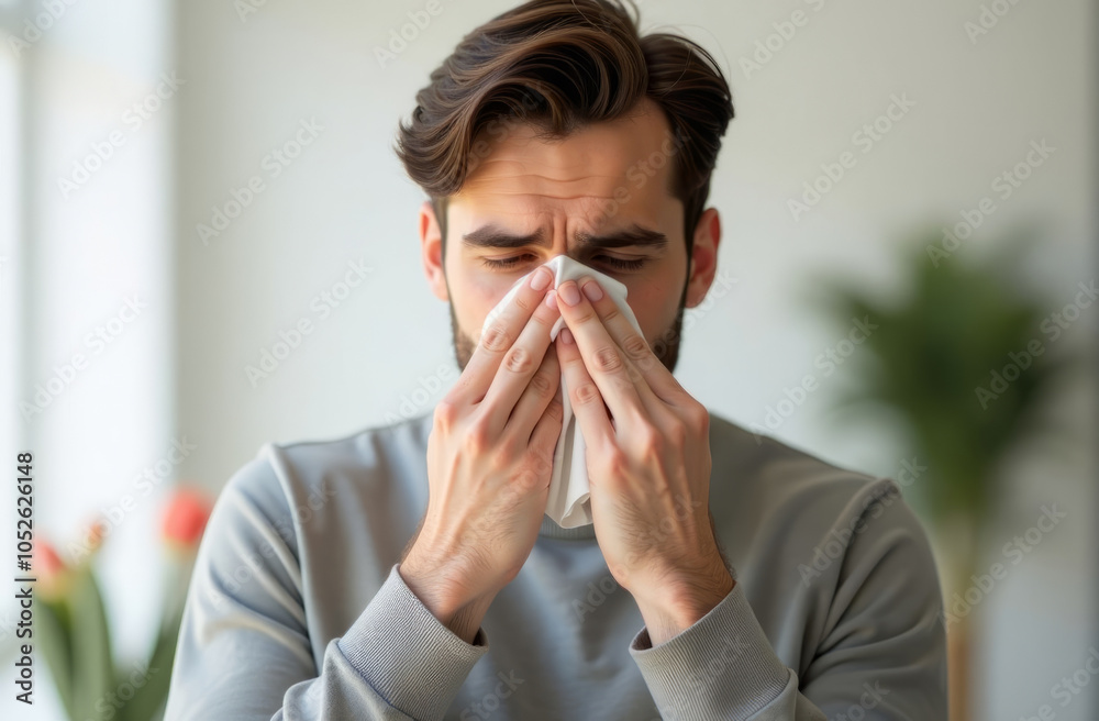 Young man sneezing with tissue indoors – allergy season or cold symptoms blur Young man sneezing with tissue indoors – allergy season or cold symptoms blur