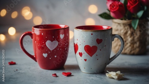 Romantic Valentines Day Watercolor Two Cozy Mugs Love.