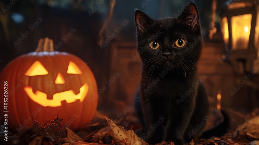 A spooky Halloween black cat with a pumpkin background, cute black Halloween cat with Halloween background, Halloween Horror Background A spooky Halloween black cat with a pumpkin background, cute black Halloween cat with Halloween background, Halloween Horror Background