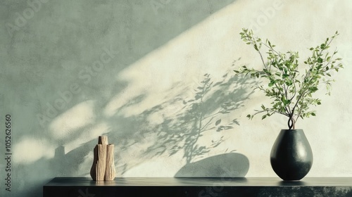 Living room interior composition with copy space, black desk, stylish vase with green leaves, stucco wall, wooden sculpture, and personal accessories