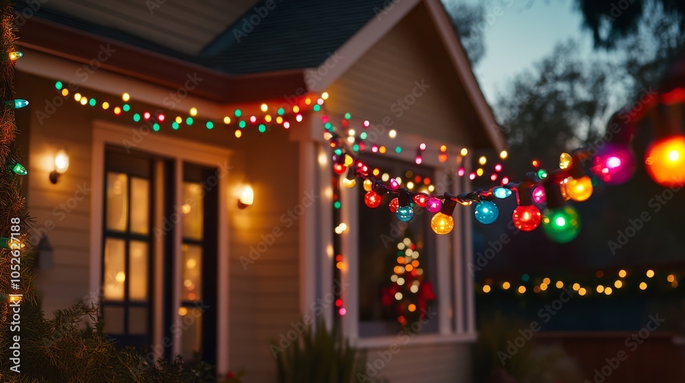 Cozy Christmas Lights: A charming suburban home glows with festive cheer, adorned with twinkling string lights and a glowing Christmas tree, creating a warm and inviting ambiance. Cozy Christmas Lights: A charming suburban home glows with festive cheer, adorned with twinkling string lights and a glowing Christmas tree, creating a warm and inviting ambiance.