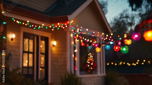 Wallpaper Mural Cozy Christmas Lights: A charming suburban home glows with festive cheer, adorned with twinkling string lights and a glowing Christmas tree, creating a warm and inviting ambiance.   Torontodigital.ca