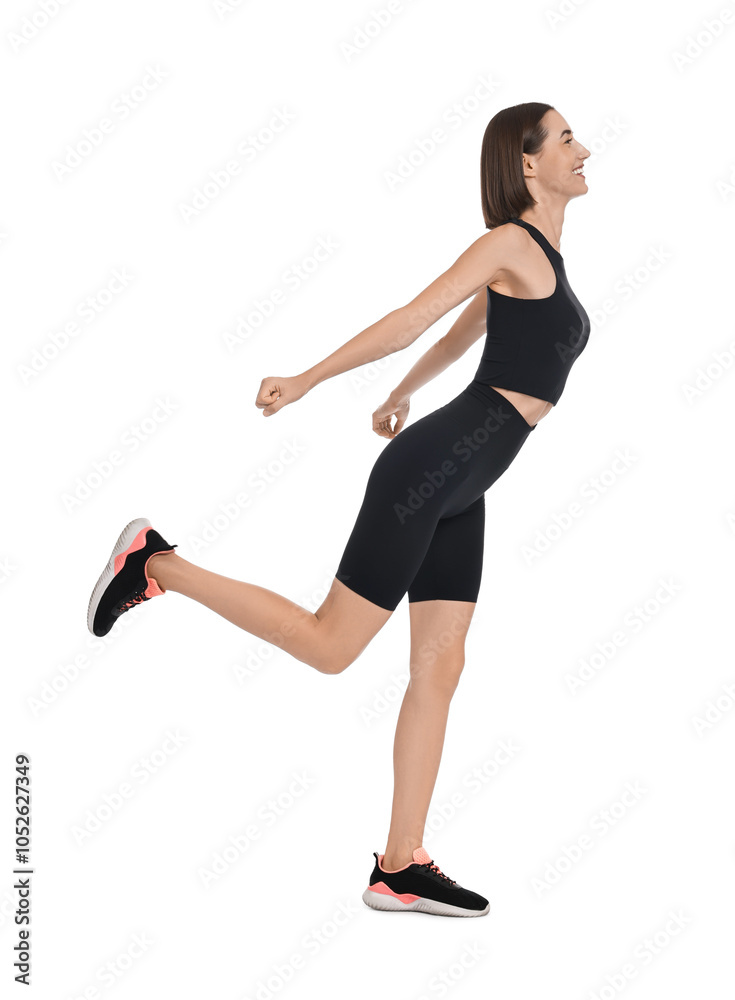 Beautiful woman in sportswear running on white background Beautiful woman in sportswear running on white background