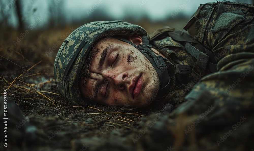 Camouflaged soldier sleeping in the dirt. Camouflaged soldier sleeping in the dirt.