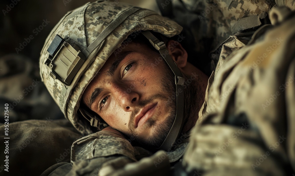 Fototapeta premium Close-up of soldier's face in camouflage.