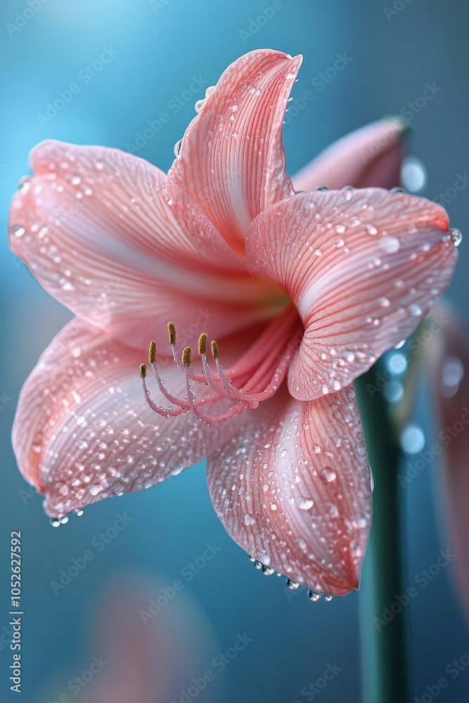Fototapeta premium Delicate pink lily covered in droplets with a soft blue background in a serene garden setting