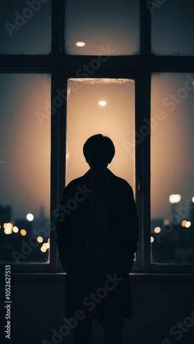 Silhouette Of A Person Seen Through A Window At Night. photo