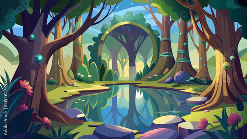 A serene forest clearing with a shimmering pond, vibrant flora, and glowing elements during twilight hours