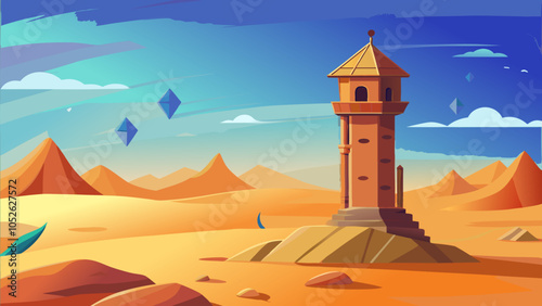 A solitary desert tower stands tall against a vibrant sky filled with clouds and floating crystals during sunset